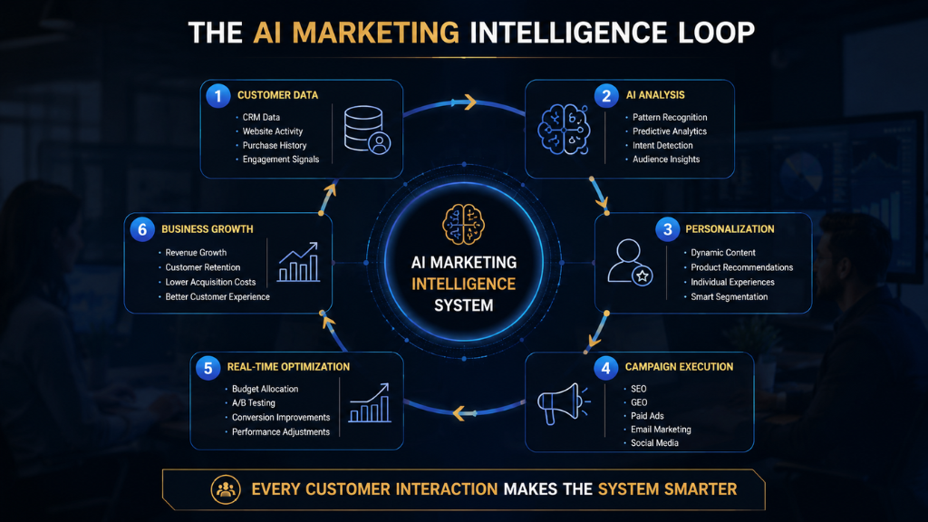 A visual framework showing how AI continuously learns, optimizes, and improves marketing performance through an ongoing intelligence cycle.