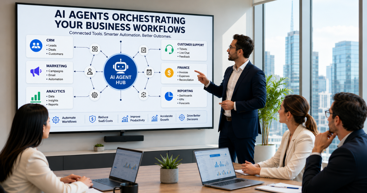 Show a modern enterprise dashboard environment where AI agents orchestrating workflows between departments with glowing data streams