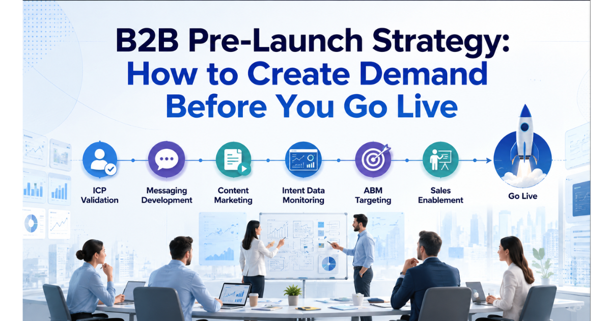 Show a futuristic business environment with a central product launch timeline moving from left to right.