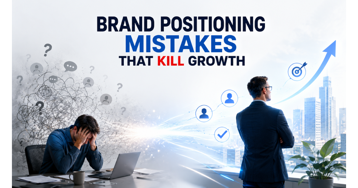 A premium split-scene visual: BRAND POSITIONING MISTAKES THAT KILL GROWTH