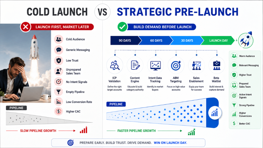 A comparison showing the difference between launching into a cold market versus building demand before launch.
