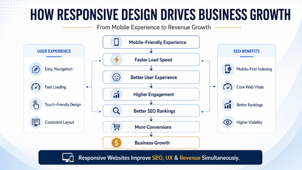 A visual breakdown showing how responsive design impacts user experience, SEO performance, and business growth.