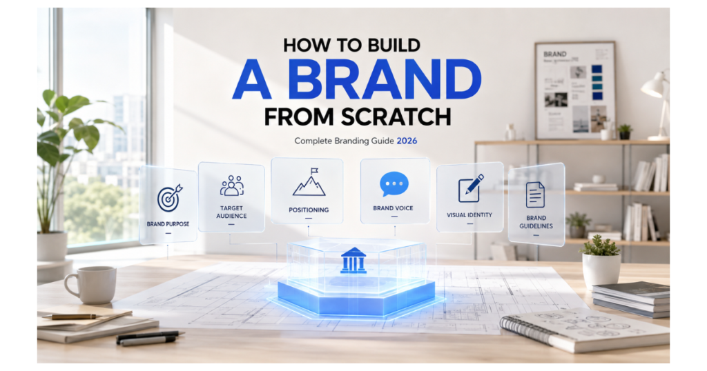 A bright modern workspace where a brand is being constructed like an architectural blueprint.