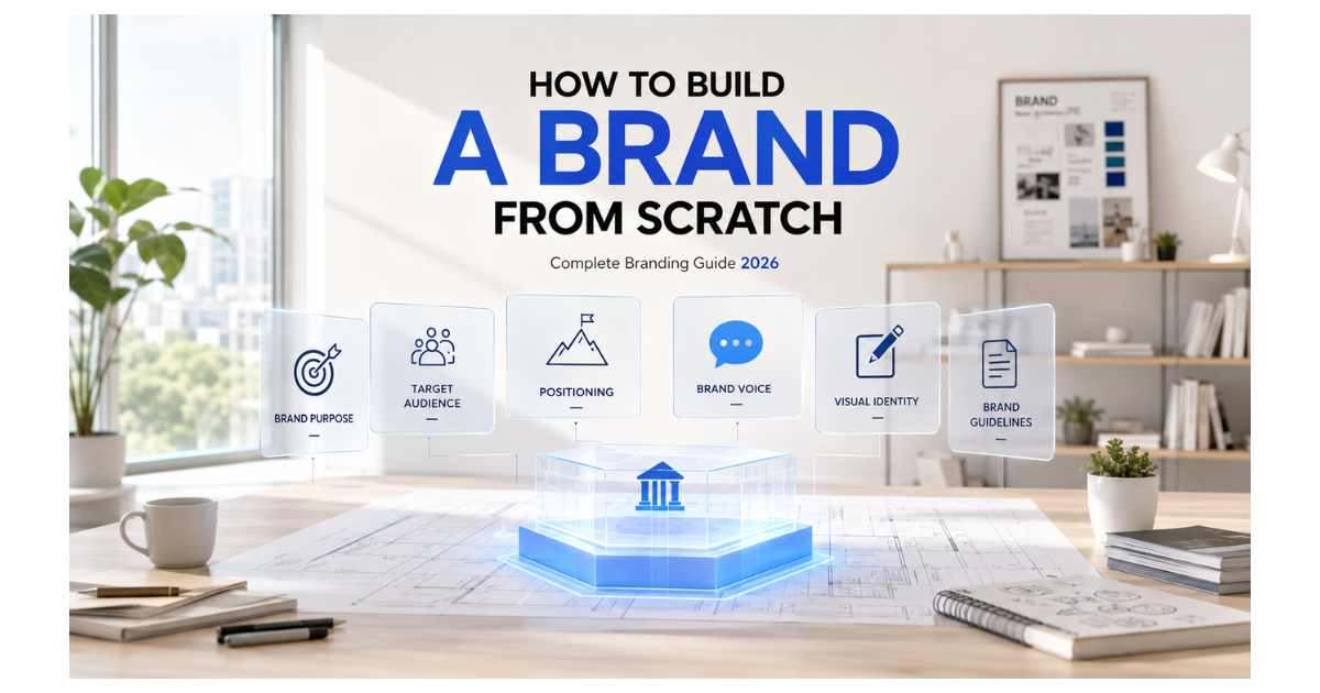 A bright modern workspace where a brand is being constructed like an architectural blueprint.