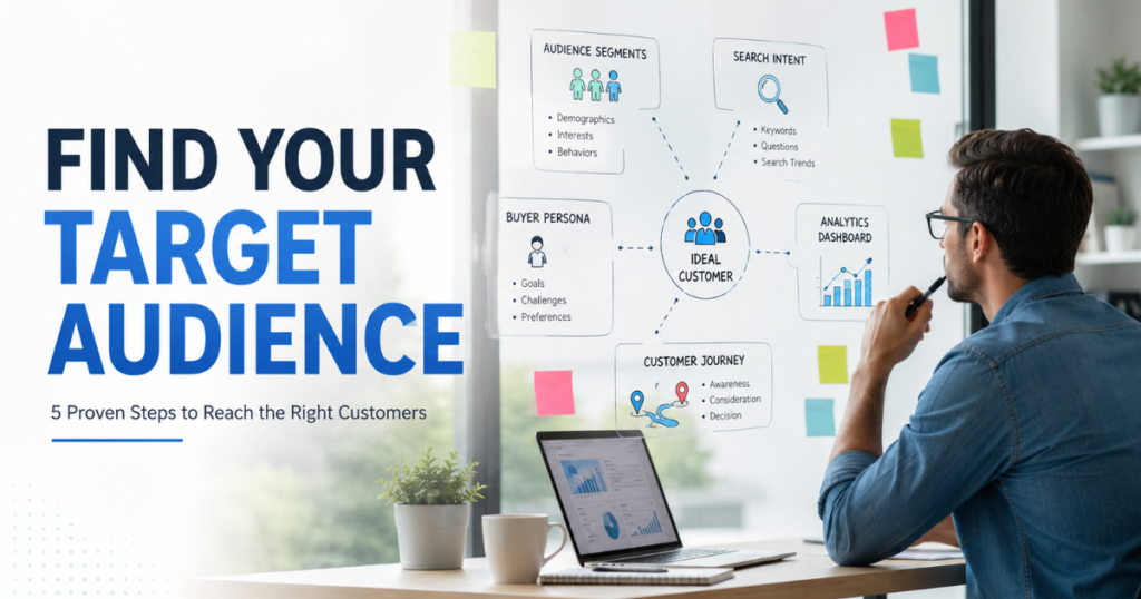 A modern digital marketing strategist standing in front of a transparent holographic customer map. The screen displays: Audience Segments Search Intent Buyer Persona Profile Analytics Dashboard Customer Journey Path