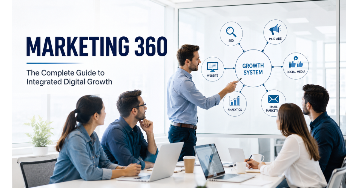 A modern business team gathered around a digital marketing strategy board in a bright office environment. Marketing 360 integrated digital marketing strategy for business growth