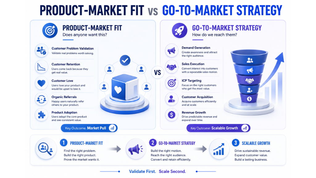 A side-by-side comparison highlighting the different roles of Product-Market Fit and Go-To-Market Strategy in startup growth.