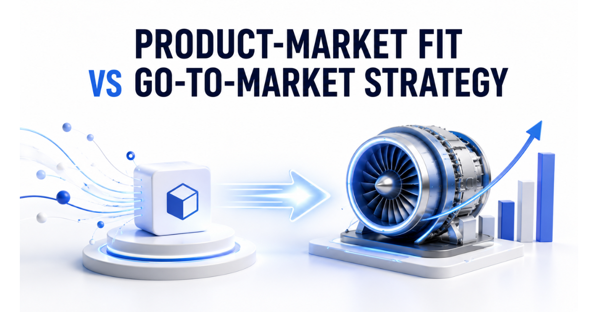 A premium modern startup-growth scene divided into two connected sections: PRODUCT-MARKET FIT vs GO-TO-MARKET STRATEGY