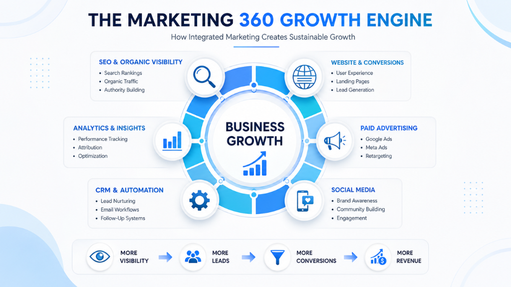 A visual framework showing how every marketing channel works together to create sustainable business growth.
