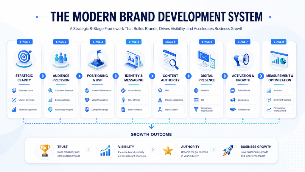 A visual roadmap illustrating how strategic clarity, audience understanding, positioning, messaging, content, and optimization combine to create sustainable business growth.
