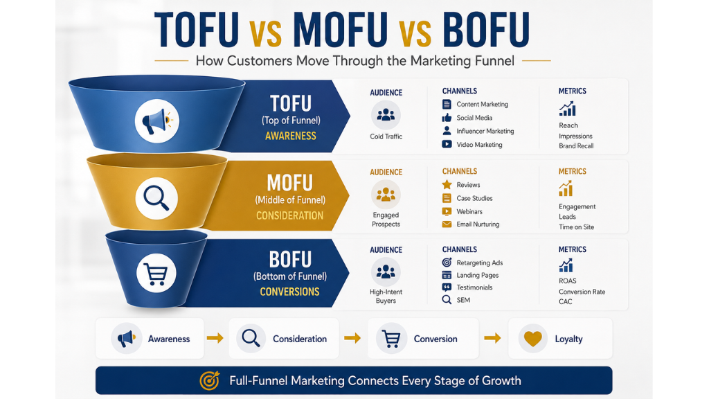 A funnel comparison infographic showing how TOFU, MOFU, and BOFU work together to turn awareness into revenue.
