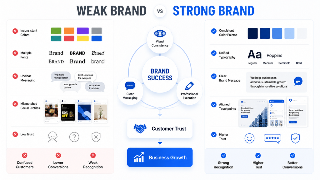 A comparison infographic showing how visual consistency, clear messaging, and professional execution transform customer perception and brand trust.
