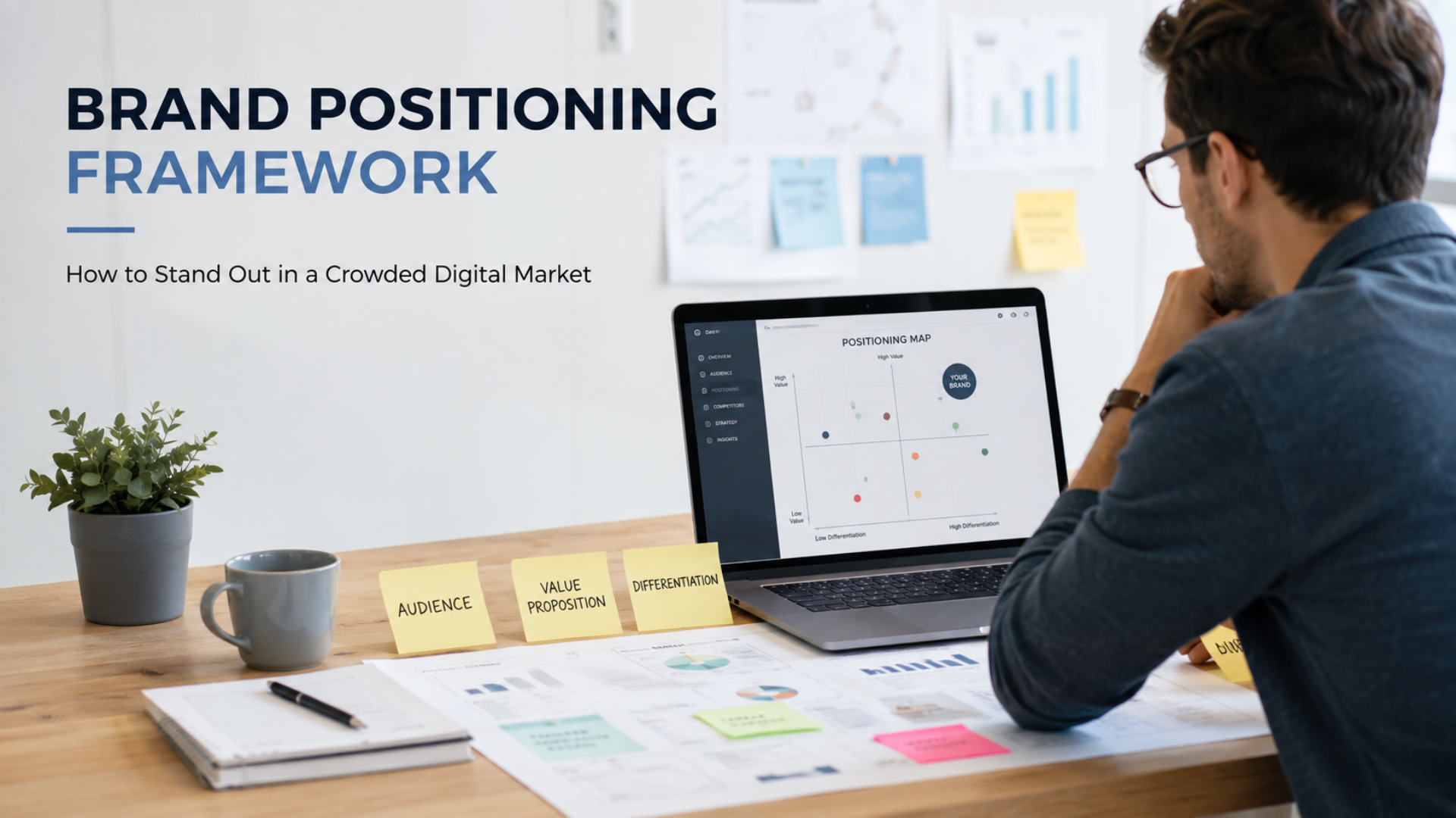 Brand Positioning Framework layout showing a strategist working on market differentiation and audience targeting on a laptop.
