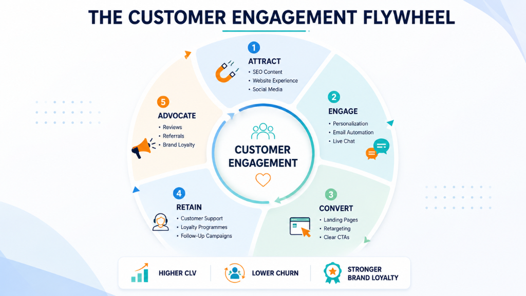 A visual framework showing how engagement compounds into retention, loyalty, referrals, and long-term customer value.