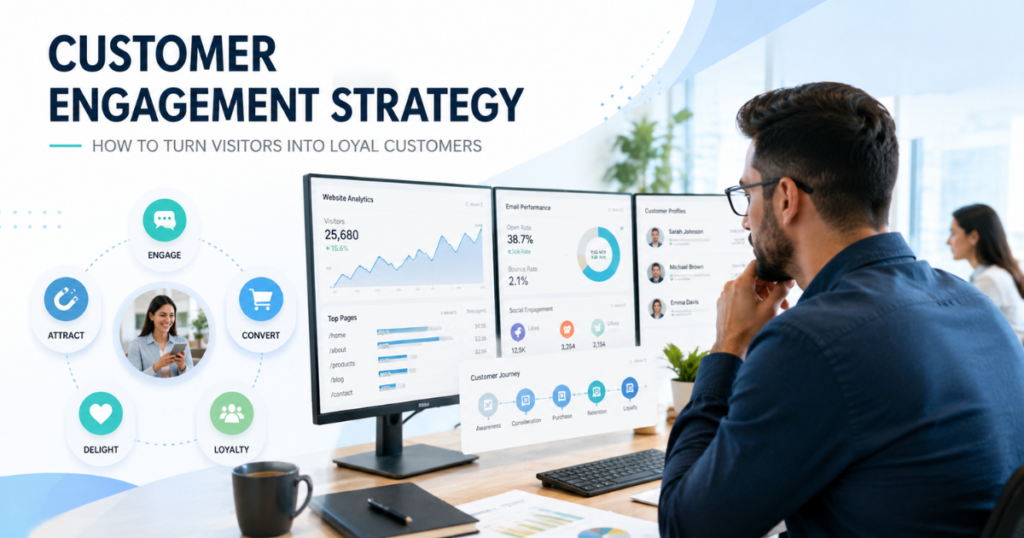 Business professional reviewing customer engagement dashboard