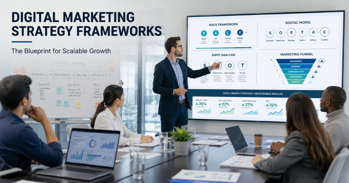 A premium business Digital Marketing Strategy meeting in a modern office.