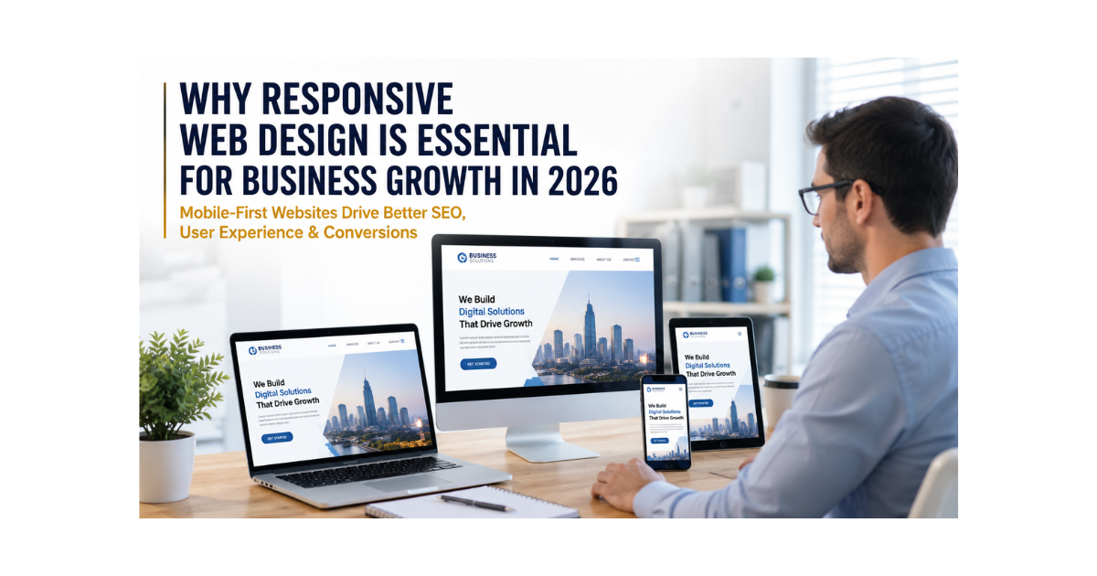 image Shows a modern responsive website displayed consistently across a desktop monitor, laptop, tablet, and smartphone.