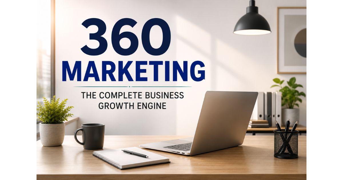 360 MARKETING A central brand hub connected in a circular 360° layout.THE COMPLETE BUSINESS GROWTH ENGINE
