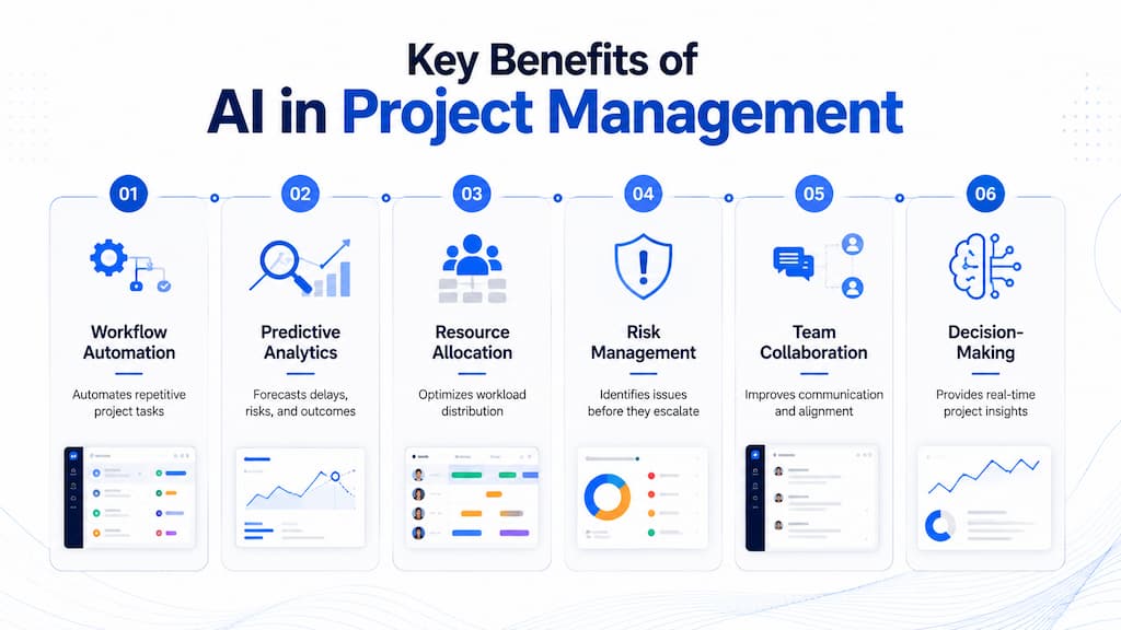 A visual overview of the six major ways AI improves project delivery, efficiency, and decision-making.
