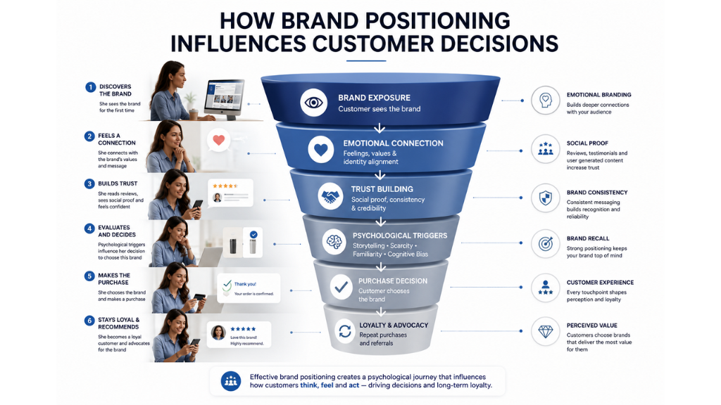 A visual breakdown of how psychological factors guide customers from brand awareness to loyalty and advocacy.