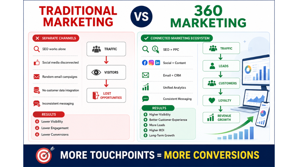 A side-by-side comparison showing why integrated marketing outperforms disconnected campaigns.
